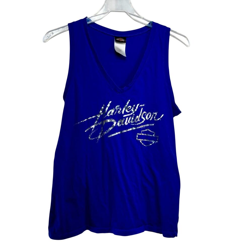 Harley-Davidson Tank Top Women's Large Royal Blue Silver Foil Metallic Logo TX